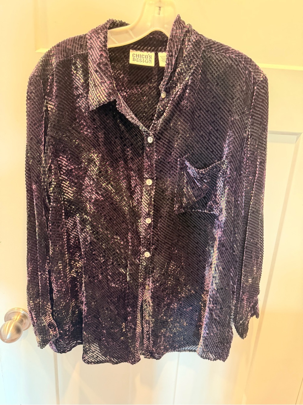 Vintage Chico’s Design 2 Iridescent Velvet Burnout Button Blouse Purple Black L